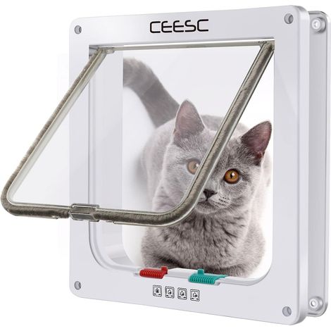 Chatière pour Chat, Chatière Verrouillable à 4 Voies pour Chat, Petit Chien, Facile à Installer et à Utiliser(L,Blanc) (1/5)