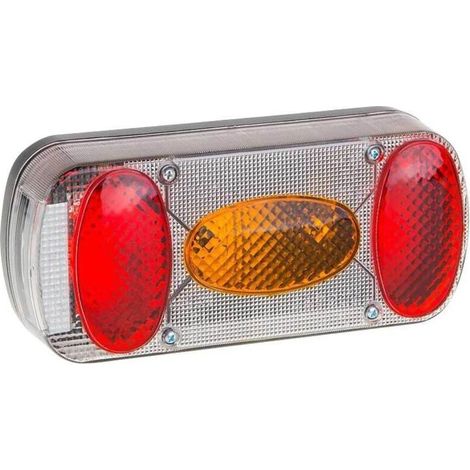 Luz trasera izquierda para remolque con 5 funciones: luz roja, luz de freno, intermitente y luz antiniebla. Dimensiones: 220 mm x 100 mm x 55 mm.