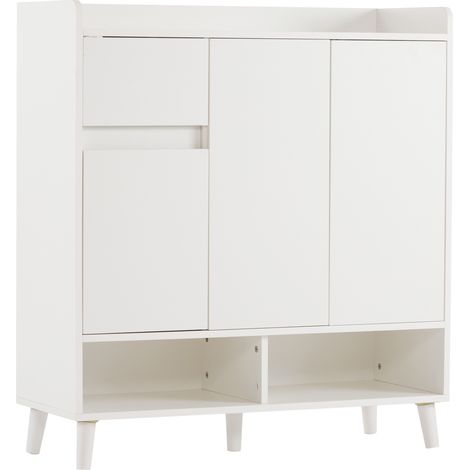Aparador zapatero blanco con estantes ajustables y patas de madera 90 x 35 x 99 cm (1/5)