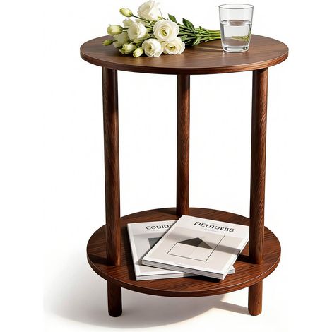 Table ronde en bois de 40 cm de diamètre, table basse à deux niveaux avec espace de rangement, table d'appoint moderne adaptée aux petits espaces, idéale pour le salon, la chambre ou l'entrée (1/5)