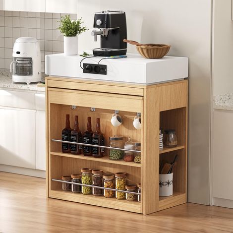 Kücheninsel mit Rollen, Ausziehbarer Esstisch mit faltbarer Tischplatte, Bartisch mit Steckdosenleisten und Haken, dient als Kücheninsel, Sideboard oder Bartisch für Küche und Esszimmer (Natur) (1/5)