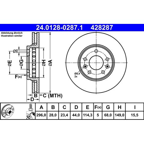 Lot de 2 Disques de frein ATE 24.0128-0287.1 FIAT 40 20 663 52R 40206-00Q1C