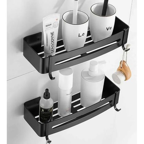 Etagère de Douche Etagère de Salle de Bain sans Perçage Aluminium Antirouille Stockage Rangement 2 Tablettes pour Shampoing Savon (Noir) (1/3)