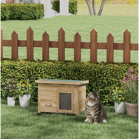 Maison pour chat en bois jaune, toit incliné, refuge et repos, 57 x 45 x 43 cm (1/5)