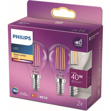 ampoule LED Sphérique E14 40W Blanc Chaud Claire, Verre, Lot de 2 (1/5)