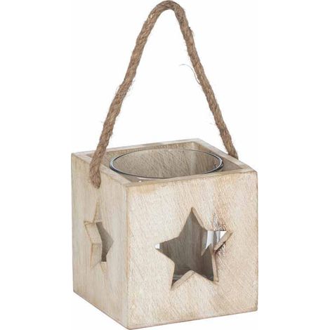 Washed Star Tealight Candle Holder - Wood - L8 x W8 x H10 cm - White