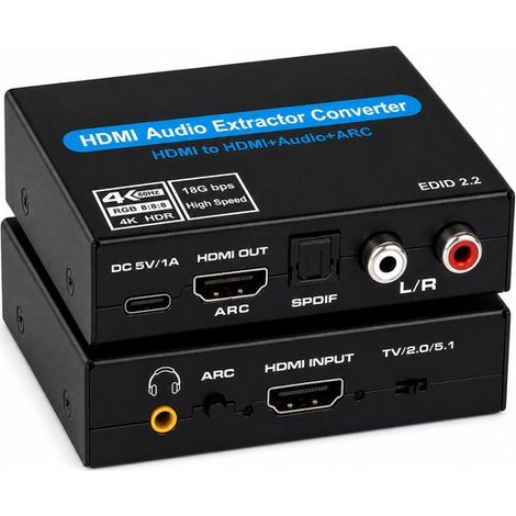 Extracteur audio HDMI ARC – Convertisseur audio HDMI – HDMI vers RCA, SPDIF et AUX 3,5 mm – 4K 60 Hz – Dolby Atmos et HDR10 – Noir (1/5)