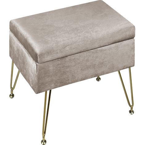 Pouf Contenitore Poggiapiedi Velluto Con Struttura Circolare Cromata Oro Elegante Imbottito Sgabello Per Toeletta Mobile Trucco Ottomano Ingresso Camera Da Letto Soggiorno Salotto Rotondo Tortora