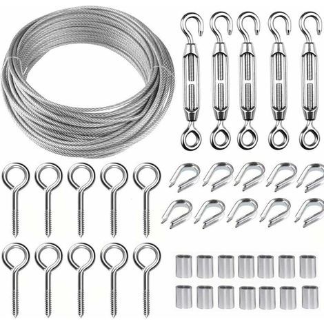 FITLAB-Kit de corde de Suspension en fil d\'acier inoxydable de 30M 2mm-avec tendeur de câble M5 et crochet-pour l\'escalade, clôture de jardin, corde à linge (1/5)