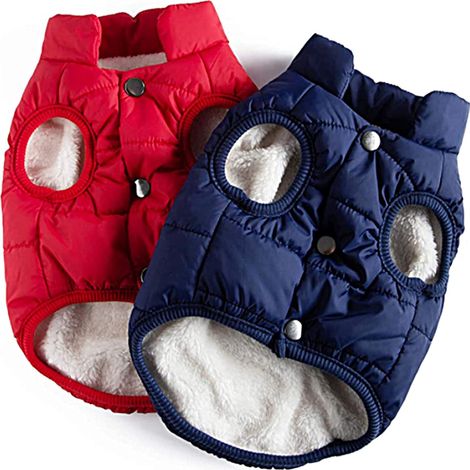 Veste pour chien doublée en polaire double, longueur du dos 40 cm, tour de cou 43 cm, lot de 2, adaptée aux temps froids, rouge + bleu.