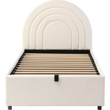 Letto contenitore imbottito 90 x 200 cm in tessuto bouclé beige con testiera e doghe (1/5)