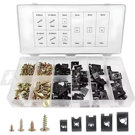 Coffret de 170 pièces vis et écrous U-Clip pour carrosserie automobile – Montage sur tôle mince – Organisé par taille pour sélection rapide (1/5)