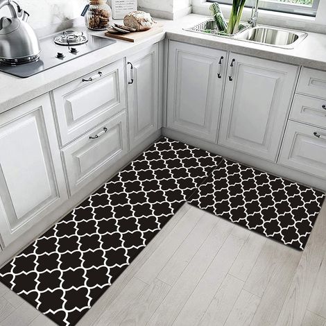 Simple and popular kitchen floor mat, anti-fatigue, made of PVC leather, waterproof and oil-proof, easy to clean - Black and white floral pattern - 4470CM10mm