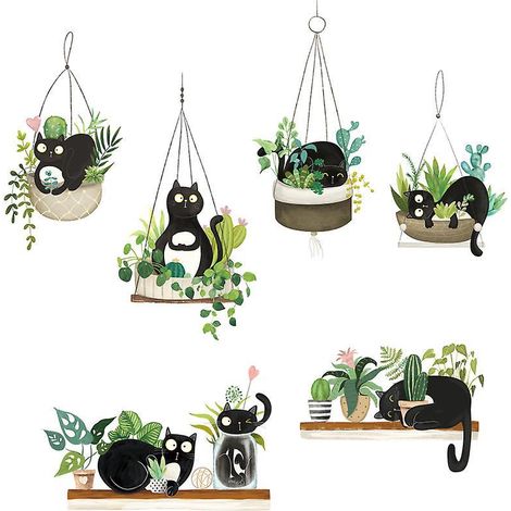 plantes En Pot Vertes Cactus Sticker Murale Autocollants Plantes Vertes Et Chats Dcoration Pvc Murale Autocollants Diy Dcor Pour Salon Cuisine Ppi (1/4)