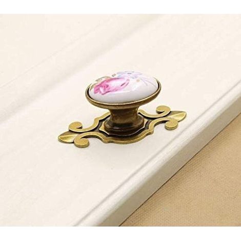 Lot de 10 Poignées, Céramique, Motif Tulipes, Diamètre 32mm, Hauteur 29mm, Armoires Tiroirs (1/3)