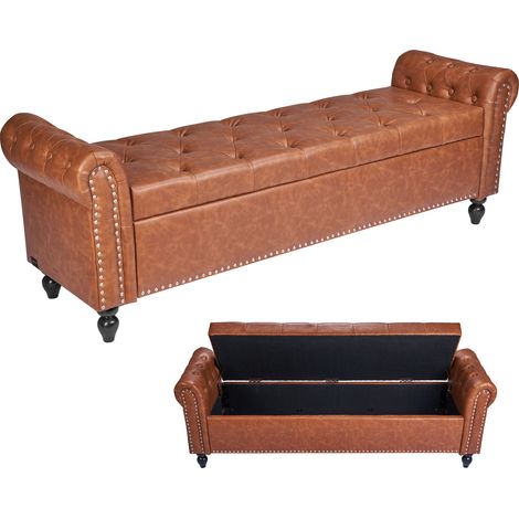 VEVOR Banc Coffre en Cuir PU 166 cm, Bout de Lit avec Rangement, Accoudoirs et Pieds en Bois, Banquette Capitonnee, Meuble pour Chambre a Coucher, Entree, Salon, Salle a Manger, Couloir, Marron