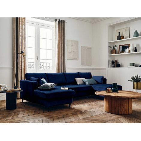 Anna – wohnlandschaft u-form – 7-sitzer – mit schlaffunktion und bettkasten – aus samt - nachtblau