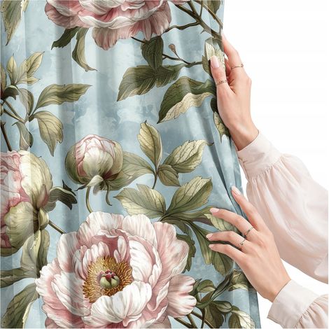 Rideau pour salon, cuisine, chambre, galon grenouille, rideaux prêts à poser, pivoines, 150 cm (1/5)