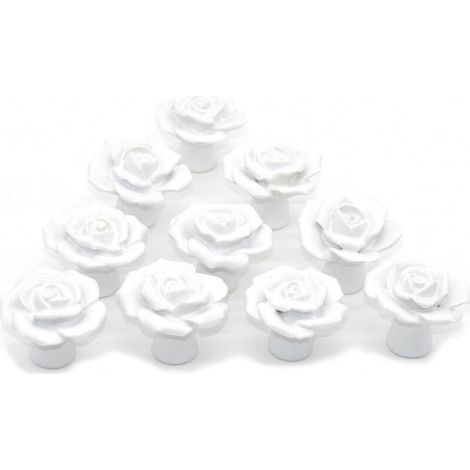 [NIEMALS VERWENDET] 10 Stück Möbelknöpfe Keramik Schubladengriffe Rosen Blumen Türgriff Dekorative Knöpfe für Schrank Kleiderschrank Kommode - Weiß
