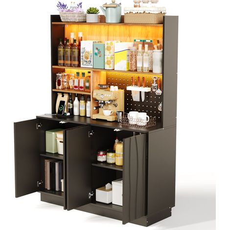 Buffet de Cuisine avec 2 Portes, Niches Ouvertes, Panneau Perforé, LED RGB et Prises, en MDF, 120 x 43 x 160 cm (1/5)