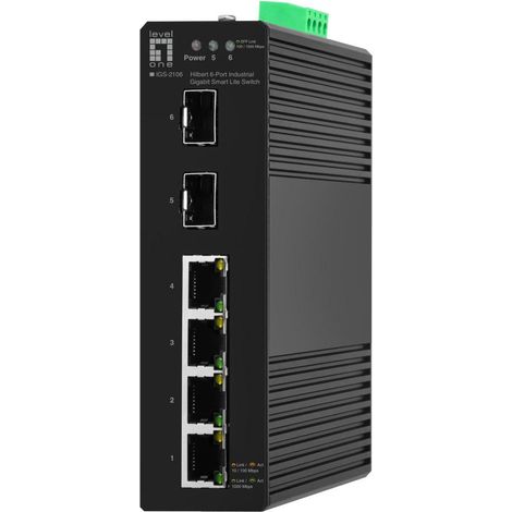 LevelOne IGS-2106 Hilbert Conmutador Lite Inteligente Gigabit Industrial de 6 Puertos, 4 x Gigabit RJ45, 2 x Gigabit SFP (1/3)