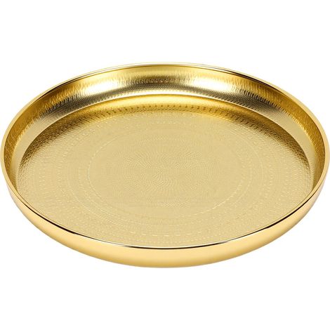 Plateau rond à bord relevé, motif vintage en relief, en fer épais plaqué, 34 cm, antirouille, décoratif et idéal pour la décoration de la maison, la cuisine ou comme centre de table (doré).