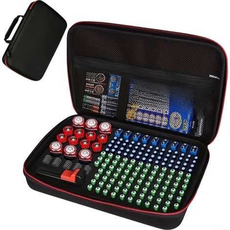 Estuche de almacenamiento de EVA con interior forrado que puede contener más de 200 pilas de botón AAA de 9 V - Caja de almacenamiento rígida negra con cremallera de PVC segura y asa de plástico. (1/5)