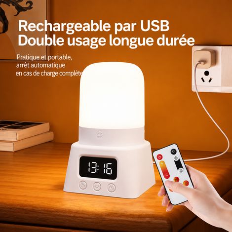 Veilleuse LED 5W tête ronde, horloge, télécommande, base blanche et lumière ambrée + lumière rouge, 8,3 × 8,3 × 13,5 cm, 275 g – Livraison gratuite