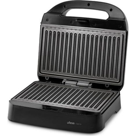 Ufesa Sandwichiera Sierra Compact 750W, Piastre Grill Antiaderenti, Capacità 2 Panini, Controllo Automatico della Temperatura, Conservazione Verticale, Senza PFOA, Finiture Inox, Sistema Avvolgicavo