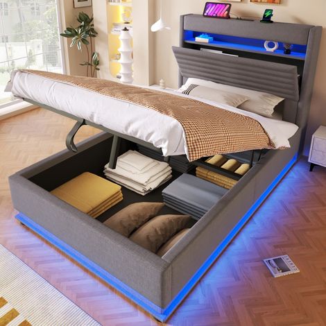 Lit coffre 90x200cm - Lit simple 90x200 - avec USB/Type-C, LED App/Bouton et Tête de lit Escamotable Rangement - Gris (1/5)