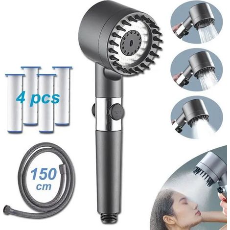 Pommeau de douche haute pression jet massage filtre 3 vitesses jet pommeau de douche - avec 4 filtres 150 cm tuyau de douche (1/5)