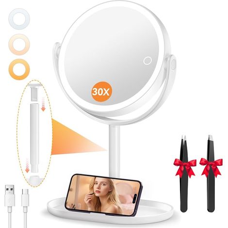 Miroir de Maquillage Éclairé 30X/1X avec 3 Couleurs, LED à Intensité Variable, Mirroir Cosmétique avec 2 Commande Tactile, Rotation 360°, Miroir Grossisant Lumineux pour Salle de Bain, Chambre (1/5)