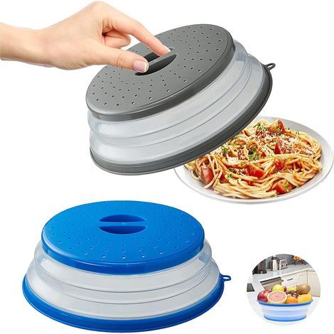 Couvercle Pliable pour Micro-Ondes, 2 Pièces Cloche Micro Onde Pliable, Couvercle Chauffant des Aliments Couvercle Anti-éclaboussures Micro-ondes avec Trou de Vapeur (Gris + Bleu) (1/5)