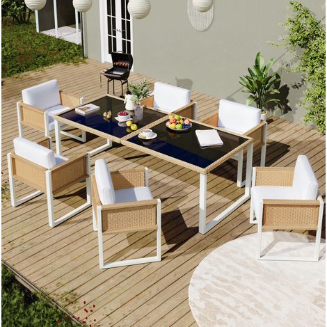 Tisch Esstisch Gartenmöbel 7 teilig Rattan HAVRYA (1/4)