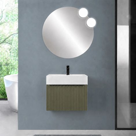 Mobile bagno sospeso 70 cm verde opaco con un cassetto e lavabo alto in resina Nara (1/5)