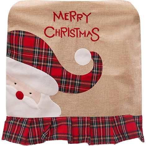 Weihnachtlicher Stuhlrückenbezug aus Leinen und kariertem Stoff, dekorativ für das Esszimmer, mit Nikolausmotiv. (1/2)