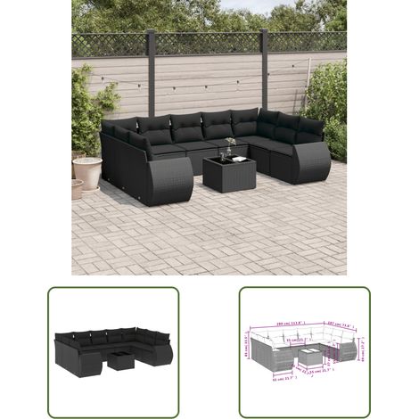 The Living Store Salon de jardin 10 pcs avec coussins noir résine tressée - Ensemble Salon De Jardin - Mobilier De Jardin - Canapé Jardin - Fauteuil Jardin - Table Basse Jardin (1/3)