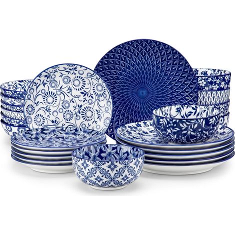 SELENE Service de Table 24 Pièces pour 6 Personne, Set Vaisselle en Porcelaine Bleu et Blanc - 6 Assiette Plates, 6 Assiette Dessert, 6 Assiettes Creuses et 6 Bols - Adapté au Micro-Ondes (1/5)