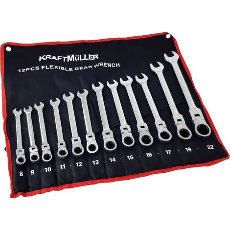 Jeu de clés à cliquet 12 pièces – Flexible articulées 8 à 22mm – Tête pivotante 180° – Acier chrome-vanadium résistant – Kraft Müller (1/5)