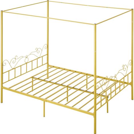 Structure de lit King Size à baldaquin en métal, cadre robuste avec tête de lit épurée et 4 poteaux, lattes en acier renforcé, espace de rangement sous le lit, sans sommier, montage facile, doré (1/5)
