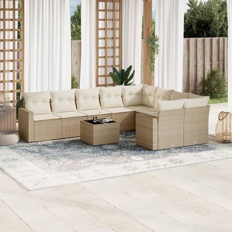 Ensemble Salon Jardin 10 Places Résine Tressée Beige avec Coussins Crème - Meubles Extérieur Modulaires avec Table Verre et Rangement (1/3)
