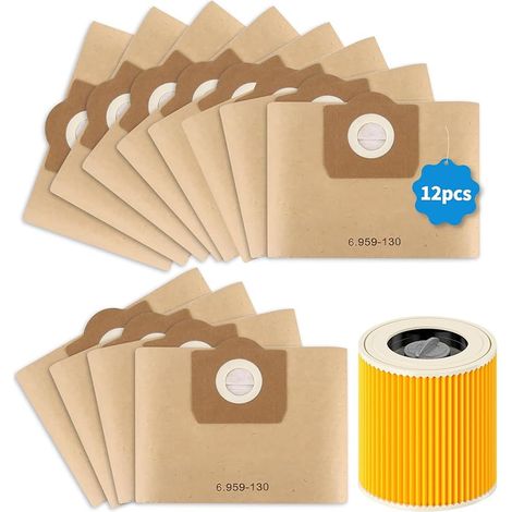Kärcher WD3 Bolsas + 1 filtro para Karcher 6.959-130.0, bolsas para aspiradora Kärcher WD3, compatibles con WD3 1629 MV3 A2201/2204/2554/2604, y filtro de cartucho para Karcher 6.414-552.0 (1/5)