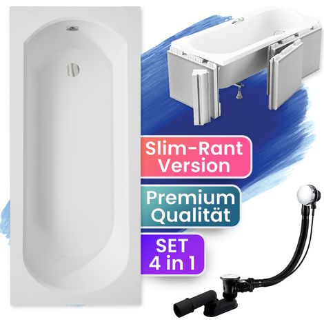 Badewanne Rechteck 170x75  mit Styroporverkleidung (Ablage 4cm), Ablauf & Füße GRATIS - Komplettset 4in1 Original Acryl Wanne - BADLAND INTRICA SLIM (1/5)