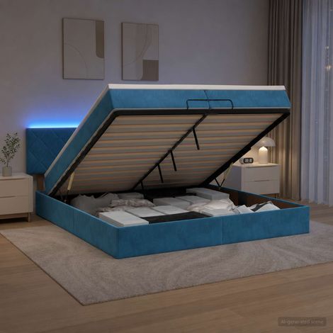 vidaXL Lit coffre avec matelas et LED Bleu foncé 200 x 200 cm Velours (1/5)