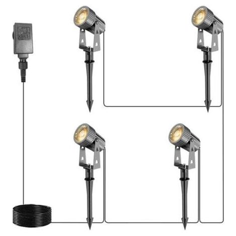Lot de 4 Spots Paysagers Basse Tension - IP65 Étanche - Éclairage Jardin, Allée avec Piquet et Prise - pour Pelouse, Patio (1/3)
