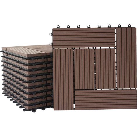 Carrelage de sol WPC balcon terrasse aspect bois 11 pièces 30x30cm 1m² décalage en teck couleur café 040005438
