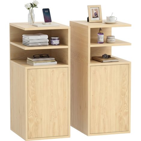 HOMCOM Slim Bedside Table Set of 2 with Open Cubbies and Cupboard, Oak (1/5)