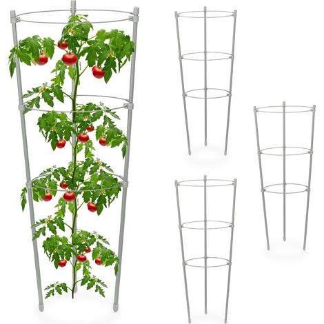 Relaxdays Set 4 Jaulas Tomates, Hierro y Plástico, Tutores Flores, 3 Anillos, Soporte Plantas Trepadoras 45x22cm, Gris