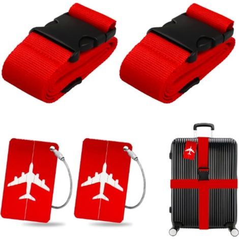 2 sangles à bagages avec 2 plateaux métalliques, sangle rouge réglable, sangle de valise, sangle de valise SQBB (1/5)