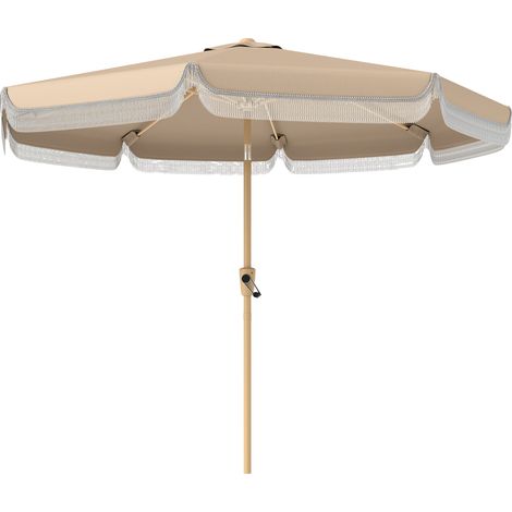 Parasol de jardin extérieur 266 cm, parasol inclinable, franges, manivelle, 8 baleines, toile polyester 180 g/m², kaki (1/5)